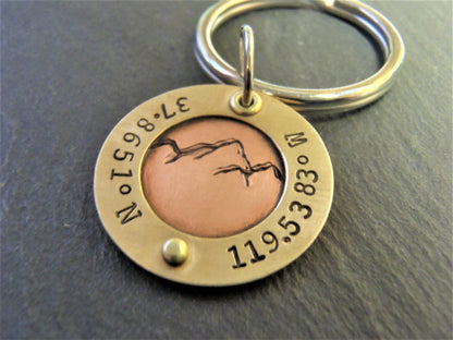 custom mountain keychain with personalized coordinates in mixed metal gold and copper - drake designs jewelry
