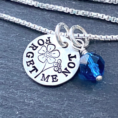 Sterling Silver Forget Me Not Necklace. Hand Stamped Symbol of Remembrance and Love
