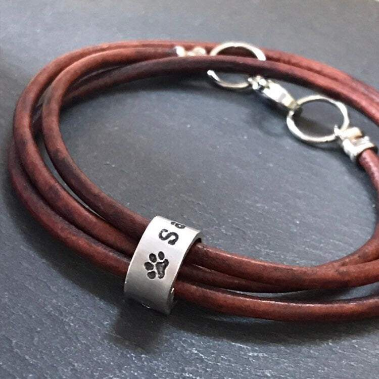 Personalized Leather Bracelet with Pet Name Charms