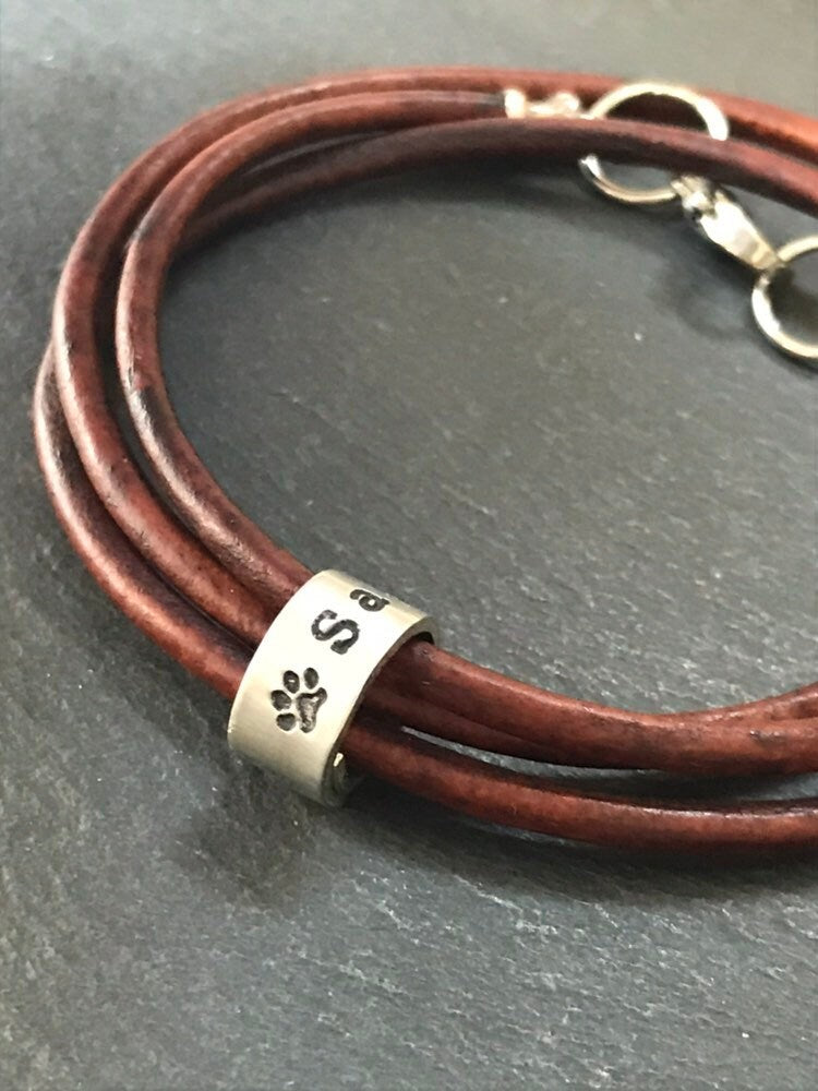 Personalized Leather Bracelet with Pet Name Charms