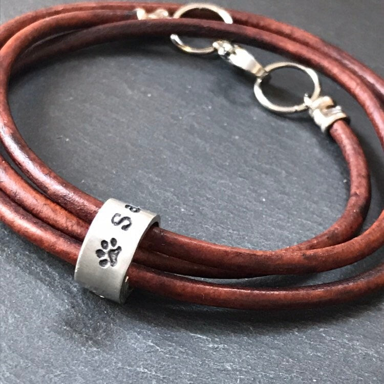 Personalized Leather Bracelet with Pet Name Charms