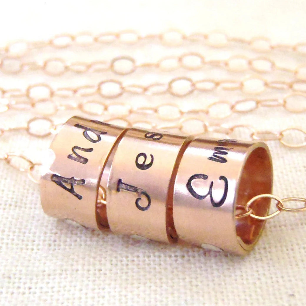 14k rose gold fill mom necklace with kids name ring charms - drake designs jewelry