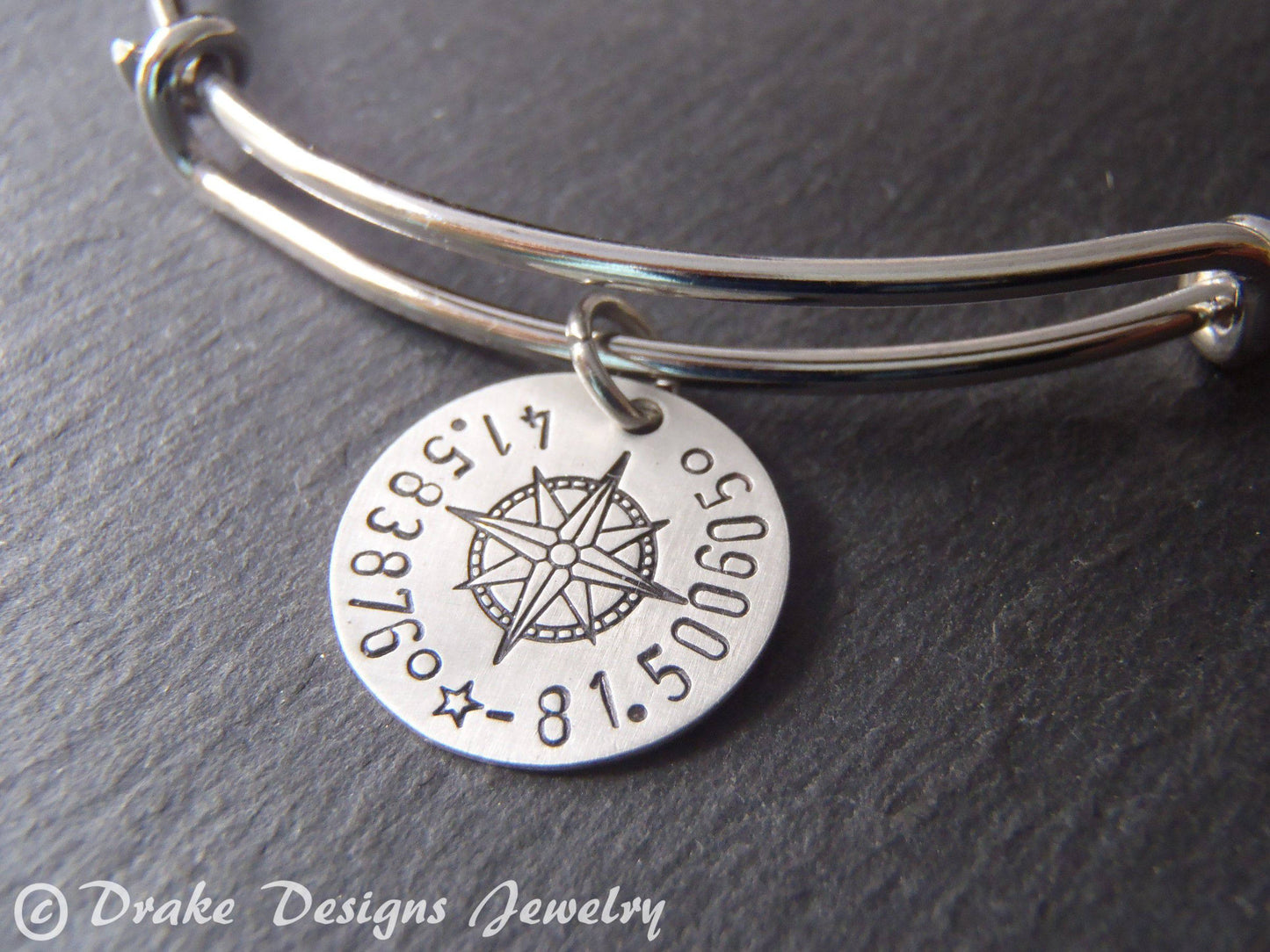 Custom Coordinates Adjustable Bangle Bracelet for Her - Sterling Silver Charm with Compass Rose