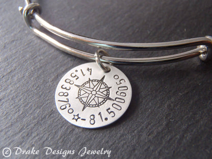 Custom Coordinates Adjustable Bangle Bracelet for Her - Sterling Silver Charm with Compass Rose