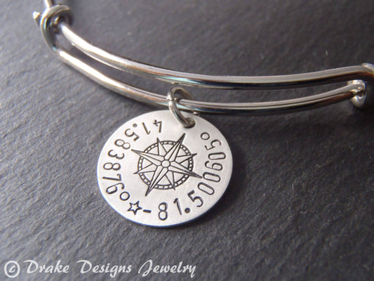 Custom Coordinates Adjustable Bangle Bracelet for Her - Sterling Silver Charm with Compass Rose