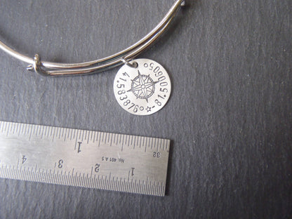 Custom Coordinates Adjustable Bangle Bracelet for Her - Sterling Silver Charm with Compass Rose