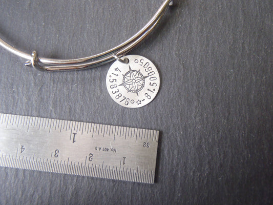 Custom Coordinates Adjustable Bangle Bracelet for Her - Sterling Silver Charm with Compass Rose