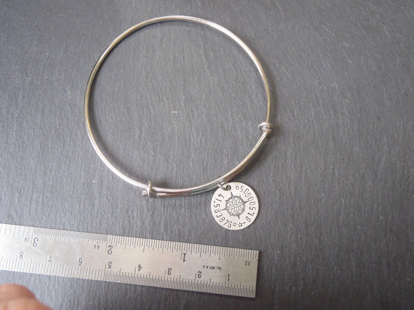 Custom Coordinates Adjustable Bangle Bracelet for Her - Sterling Silver Charm with Compass Rose