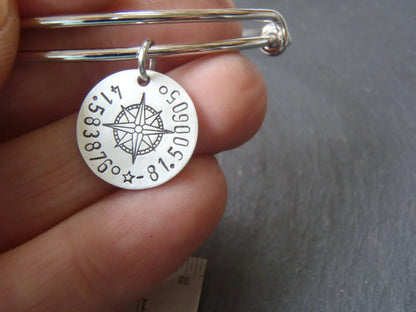 Custom Coordinates Adjustable Bangle Bracelet for Her - Sterling Silver Charm with Compass Rose
