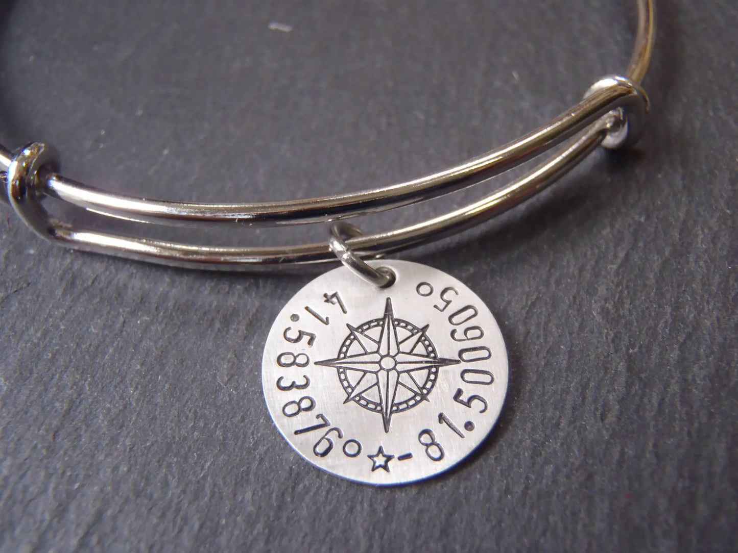 Custom Coordinates Adjustable Bangle Bracelet for Her - Sterling Silver Charm with Compass Rose
