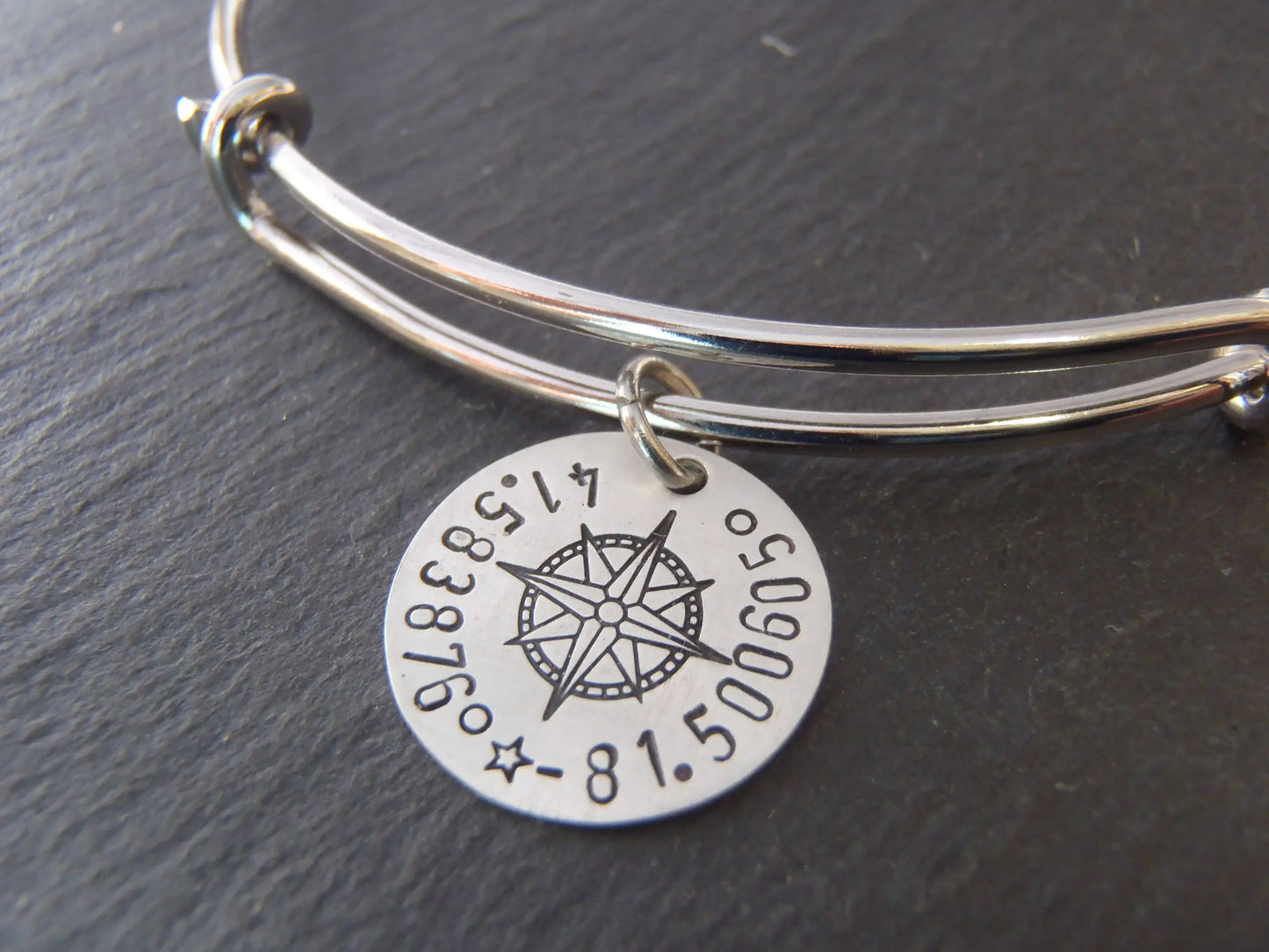 Custom Coordinates Adjustable Bangle Bracelet for Her - Sterling Silver Charm with Compass Rose