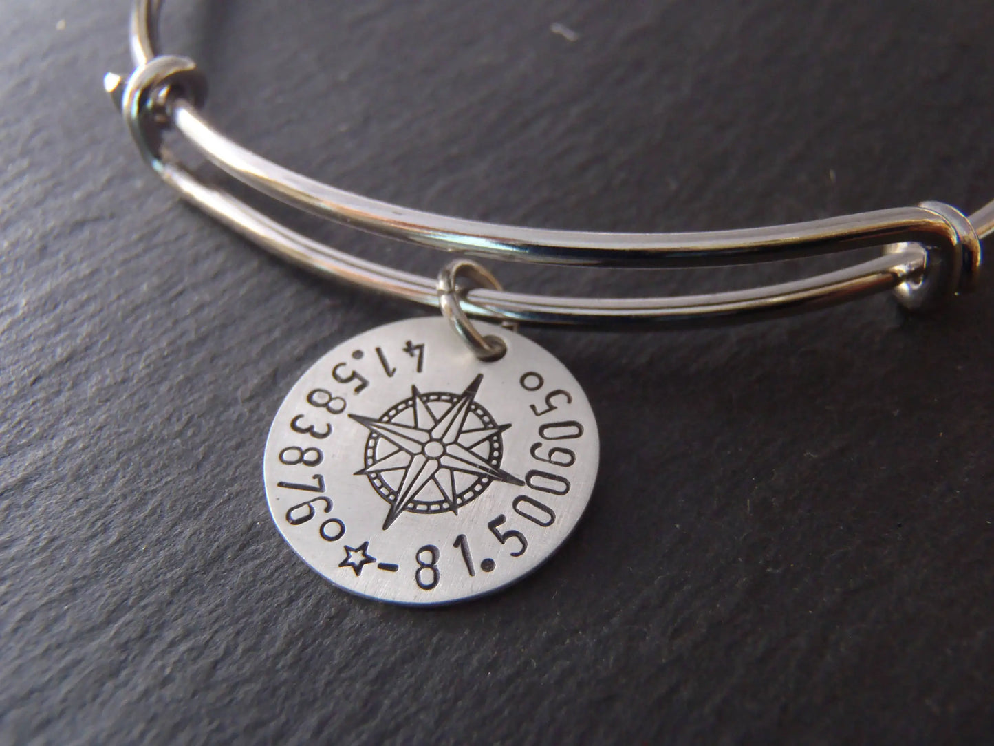 Custom Coordinates Adjustable Bangle Bracelet for Her - Sterling Silver Charm with Compass Rose