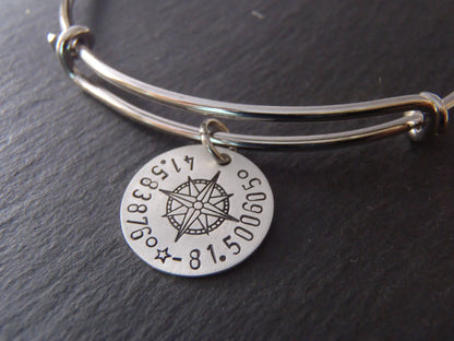 Custom Coordinates Adjustable Bangle Bracelet for Her - Sterling Silver Charm with Compass Rose
