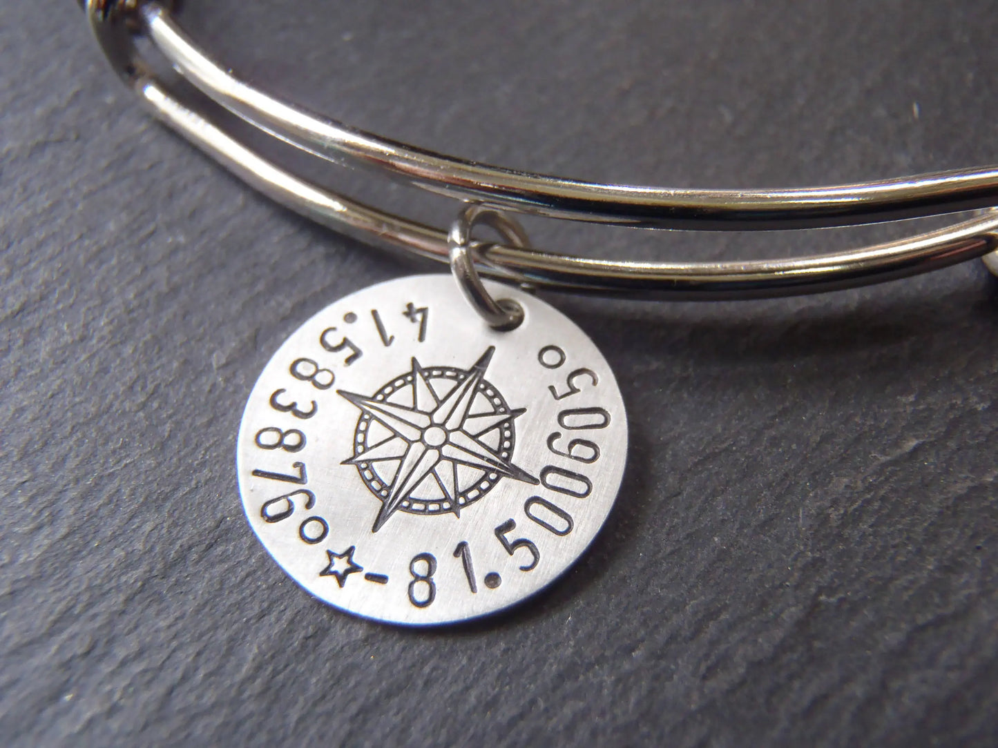Custom Coordinates Adjustable Bangle Bracelet for Her - Sterling Silver Charm with Compass Rose