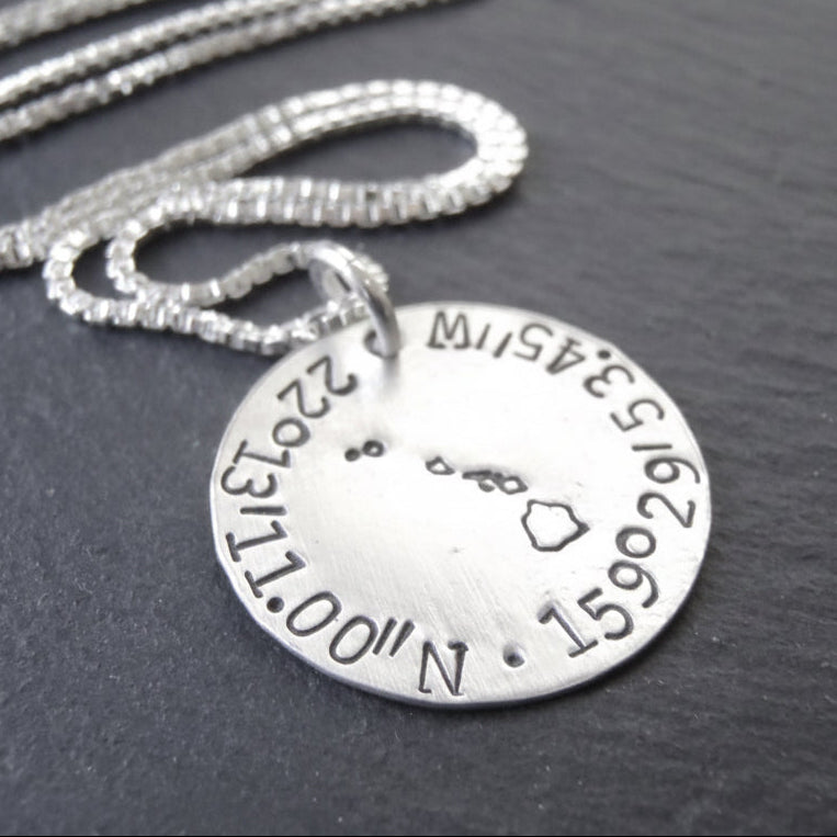 Sterling silver personalized necklace with custom Coordinates and personalized state hand stamped at center - Gift for traveler- Drake Designs Jewelry