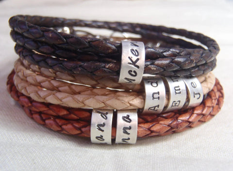 Bracelet for dad with personalized name charms with kids names.  Triple wrapped braided leather - Drake Designs Jewelry