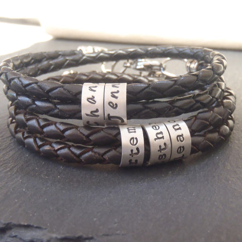 Mens bracelet with family names.  personalized braided leather bracelet with sterling silver name charms hand stamped with kids names  - Drake Designs Jewelry