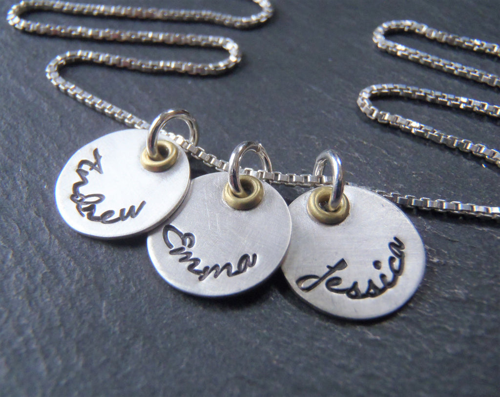Mom necklace with kids names. Mixed metal Sterling silver with golden brass. - Drake Designs Jewelry