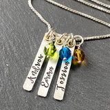 sterling silver and gold brass thick bar mom necklace with kids names and birthstones. drake designs jewelry