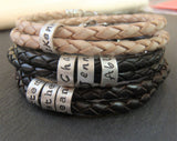 Braided leather personalized bracelet  with sterling silver name beads.  4mm double wrapped custom bracelet - Drake Designs Jewelry