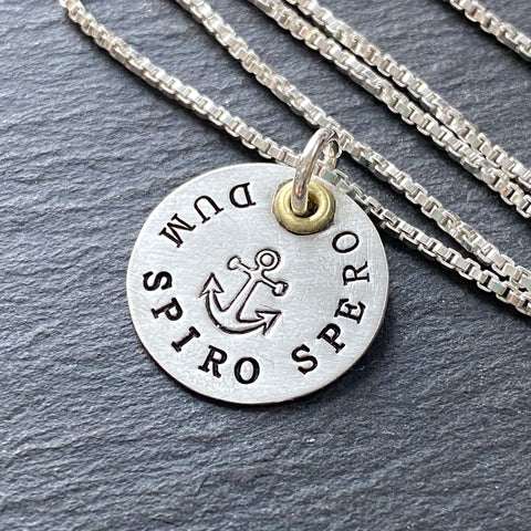Latin phrase jewelry dum spiro spero.  while I breathe I hope.  sterling silver with gold accent. drake designs jewelry