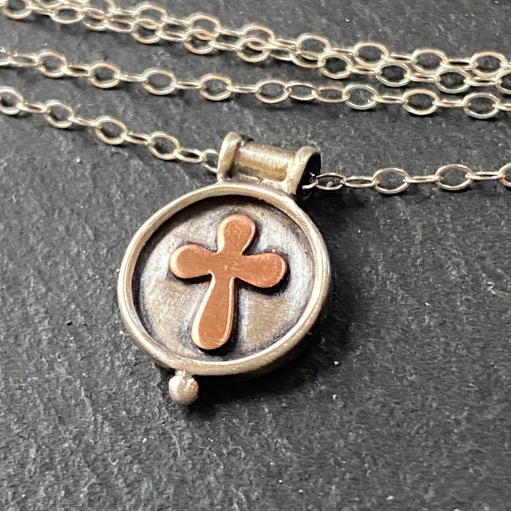 sterling silver raised border bezel necklace with copper cross - drake designs jewelry