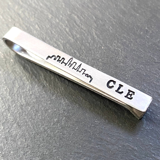 mens tie bar with Cleveland Ohio skyline hand stamped - drake designs jewelry