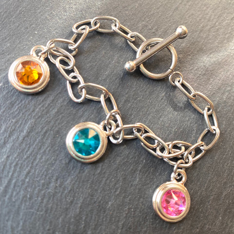 stainless steel bracelet with Swarovski crystal birthstone charms and toggle clasp. personalized Mom bracelet with family and kids birthstones - drake designs jewelry