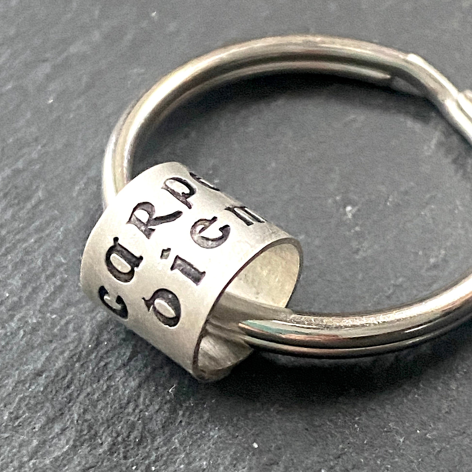 Carpe Diem seize the day sterling silver keychain.  hand stamped with Celtic font and a copper rivet