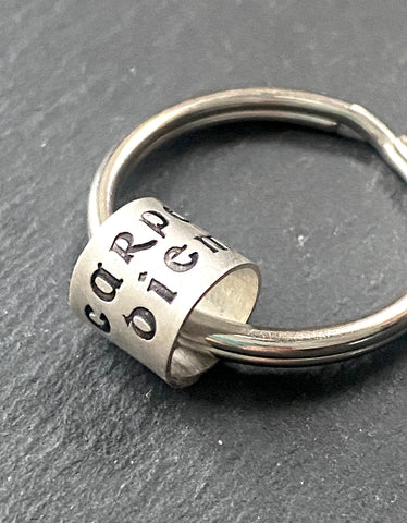 Carpe Diem seize the day tube charm keychain.  hand stamped with Celtic font and a copper rivet