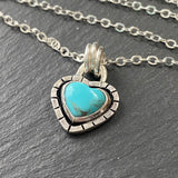 sterling silver turquoise heart necklace hand crafted from Kingman turquoise heart hand set in sterling silver bezel with organically shaped border - drake designs jewelry