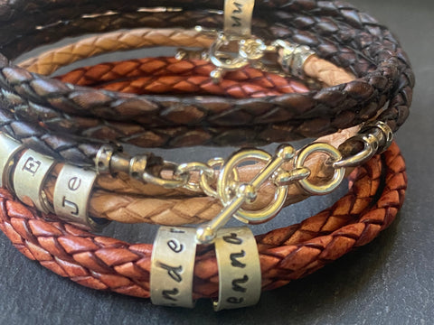 triple wrapped leather bracelet with sterling silver name charms and sterling silver toggle clasp.  personalized bracelet with kids names - drake designs jewelry