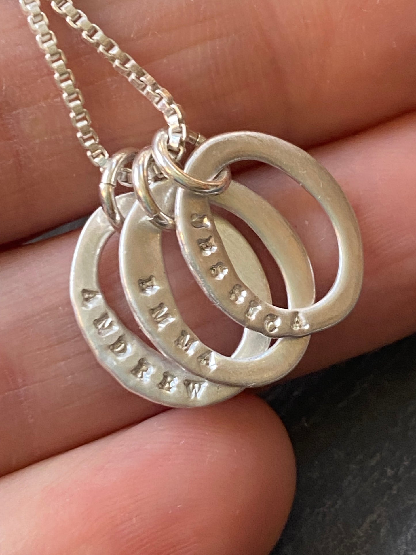 mom necklace hand stamped on tiny organic oval ring charms in sterling silver - drake designs jewelry 