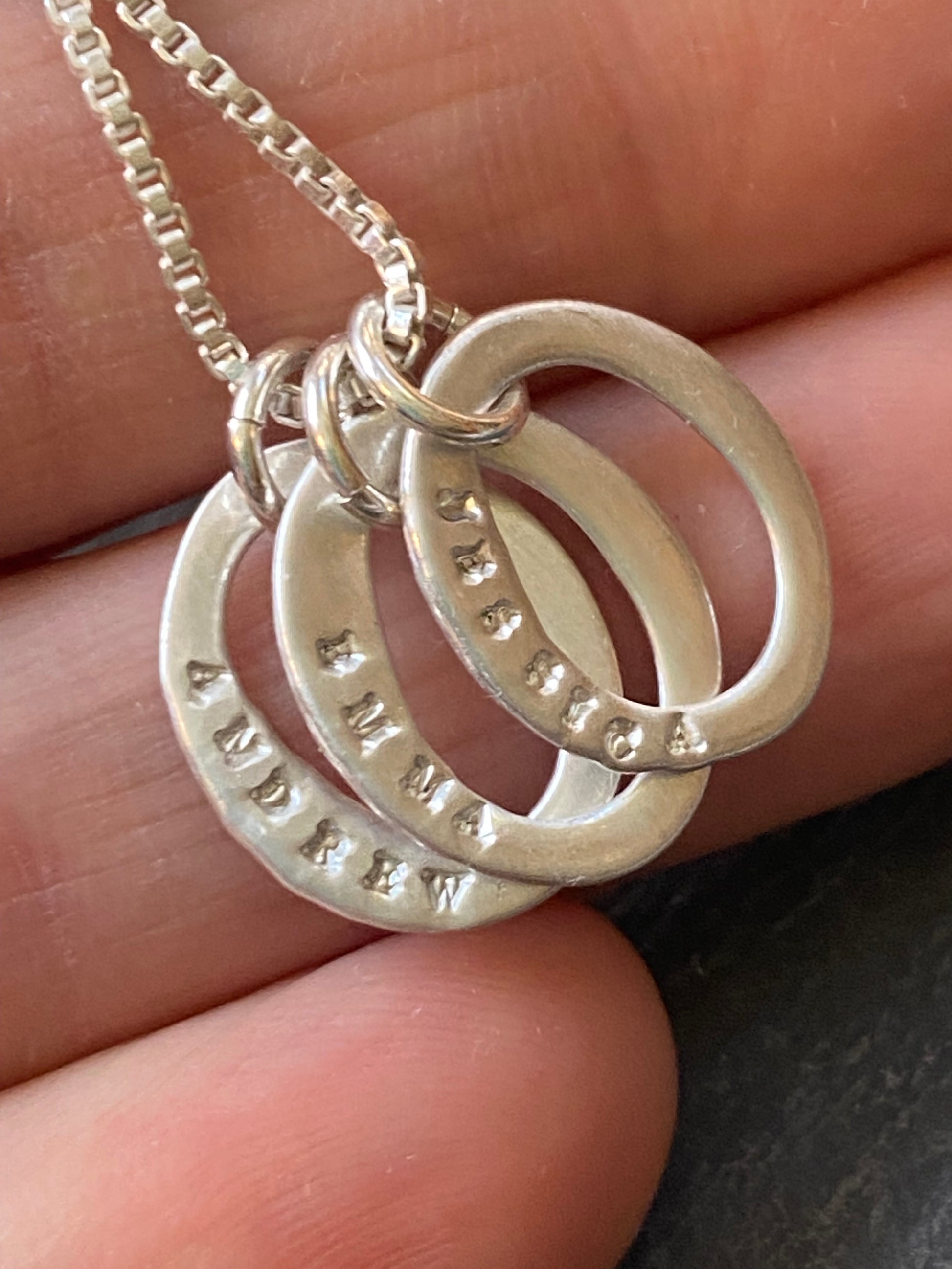 mom necklace hand stamped on tiny organic oval ring charms in sterling silver - drake designs jewelry 