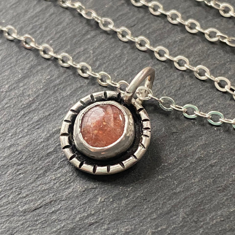 sunstone necklace sterling silver jewelry.  Sun with rays created with recycled sterling silver and genuine sunstone is hand set into hand made bezel.  Sparkly orange sunstone necklace - drake designs jewelry