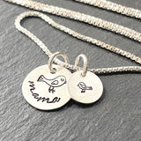 Mama bird necklace hand stamped on sterling silver with baby bird charms. drake designs jewelry
