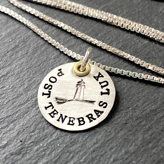 post tenebras lux Latin Phrase jewelry with gold accent.  hand stamped sterling silver necklace with inspirational Latin quote.  drake designs jewelry