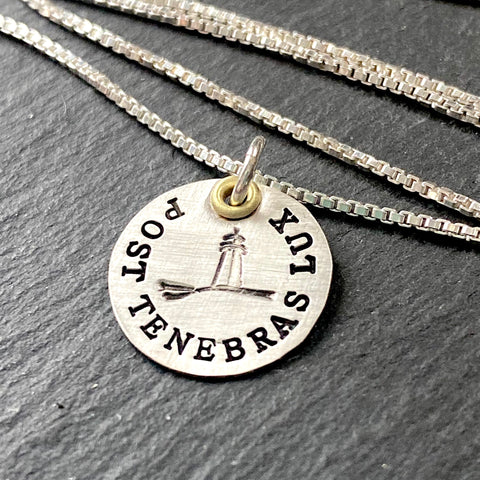 post tenebras lux Latin Phrase jewelry with gold accent.  hand stamped sterling silver necklace with inspirational Latin quote.  drake designs jewelry