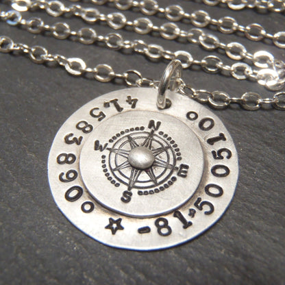 sterling silver compass necklace personalized with gps coordinates  -latitude longitude necklace drake designs jewelry