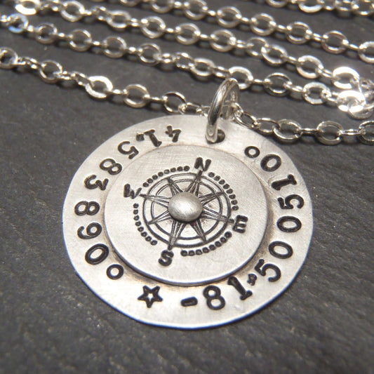 sterling silver compass necklace personalized with gps coordinates  -latitude longitude necklace drake designs jewelry