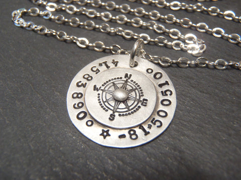 sterling silver compass necklace personalized with gps coordinates  - drake designs jewelry