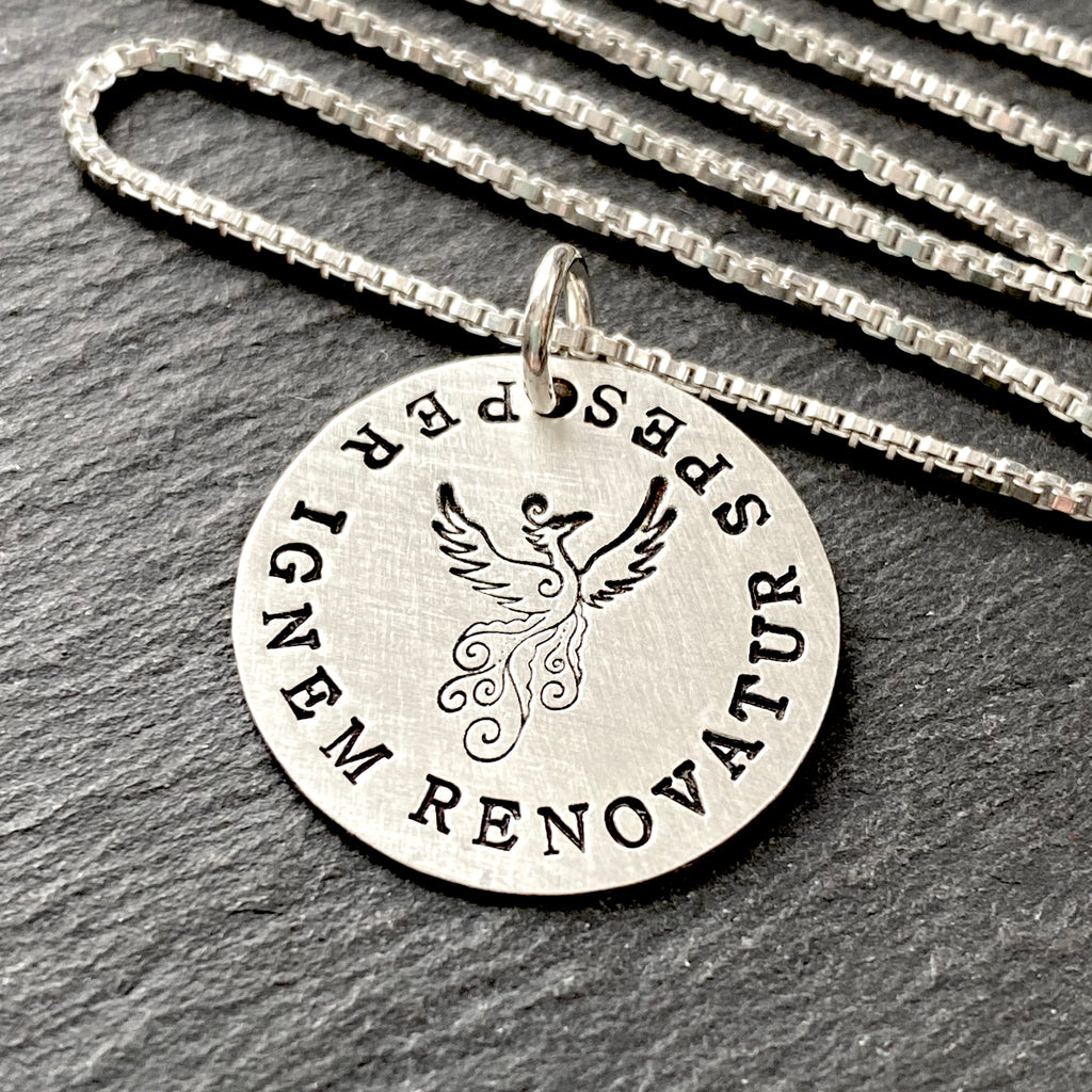 Per Ignem Renovatur Spes Latin phrase necklace with Phoenix. Through fire hope is renewed. sterling silver.  Drake designs jewelry