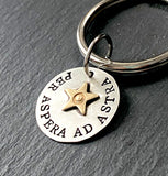 per aspera ad astra through hardships to the stars inspirational latin phrase keychain.  hand crafted from sterling silver.  mixed metal mantra keychain gift for him. drake designs jewelry