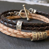 braided leather bracelet with toggle clasp and personalized sterling silver name charms. 4mm braided leather - drake designs jewelry