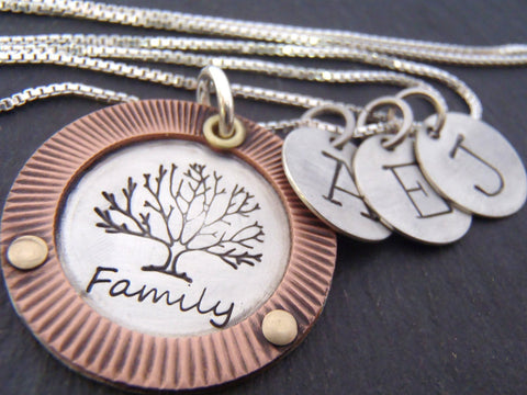 Mixed metal family tree necklace personalized with custom kids initials - Drake Designs Jewelry