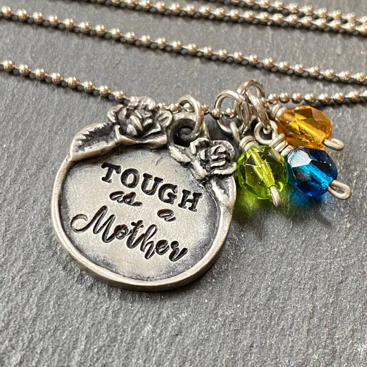 tough as a mother necklace with kids birthstones with floral raised edge pendant-  drake designs jewelry