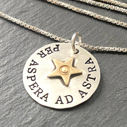 Per Aspera ad Astra. To the stars through hardships. sterling silver hand stamped with gold star Latin phrase necklace.  drake designs jewelry