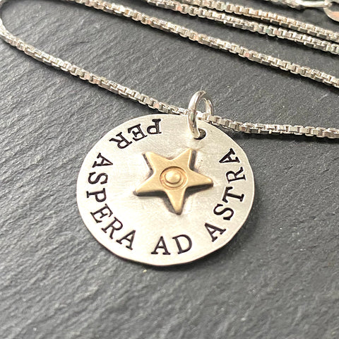 Per Aspera ad Astra. To the stars through hardships. sterling silver hand stamped with gold star Latin phrase necklace.  drake designs jewelry