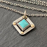 square turquoise necklace bezel set with gold brass accents hand crafted from sterling sheet  and Kingman turquoise - drake designs jewelry