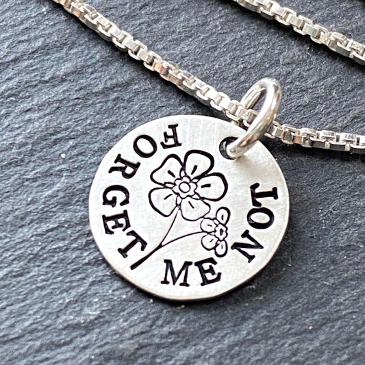 Sterling silver Forget Me Not Necklace. Hand stamped symbol of Remembrance and Love.  Sympathy gift for loss.  Drake designs jewelry